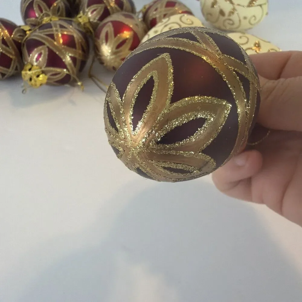 12 Shatterproof Egg Christmas Ornaments Burgundy White Gold Glittered Floral Lot